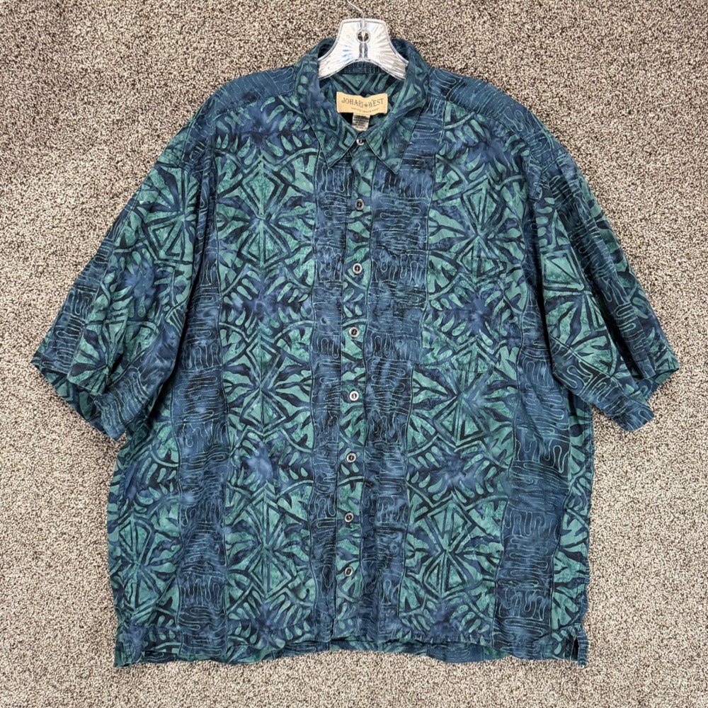 Johari West Shirt Mens 3XL Green Blue Hawaiian Tropical Short Sleeve Button Up